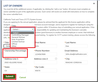 View larger screenshot of the "Title and Ownership Percentage" pop-up