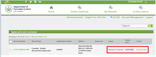 View larger screenshot of the Pay Fees Due link