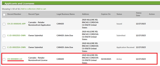 View larger screenshot of the License Number link