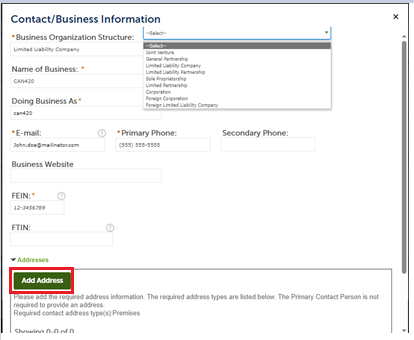 View larger screenshot of Contact/Business information