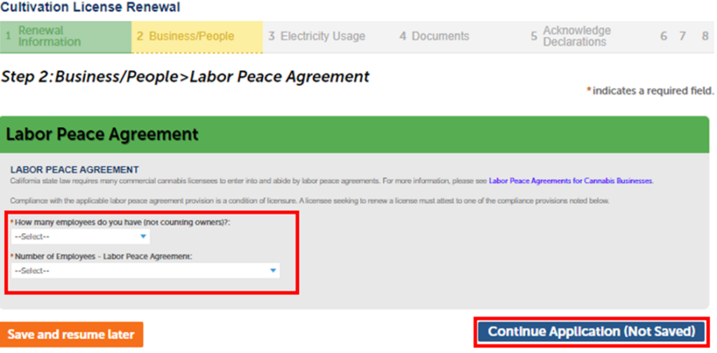 View of labor peace agreement dropdown
