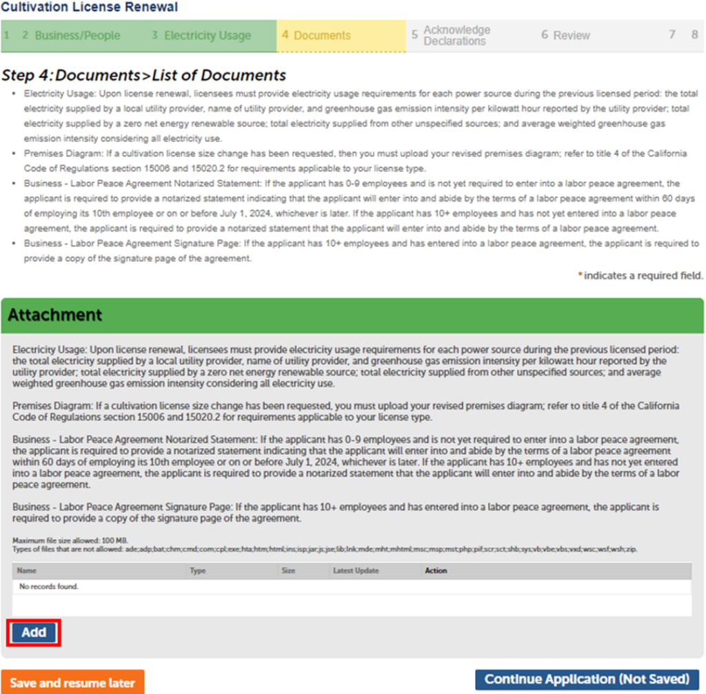 View of document uploads section with button to add documents selected