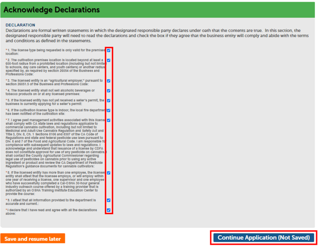 View of declarations checkboxes