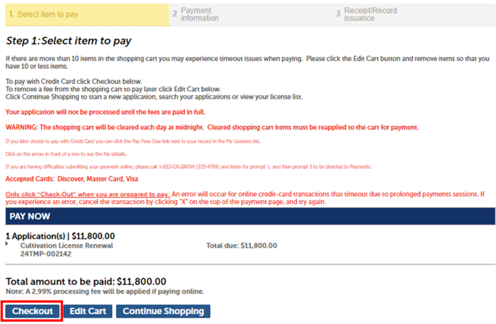 View of total payment amount and checkout option