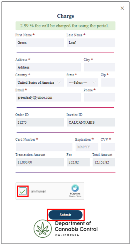 View of payment processing pop-up