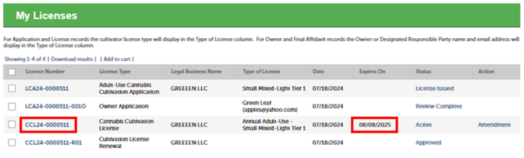 View of license list with license number link selected