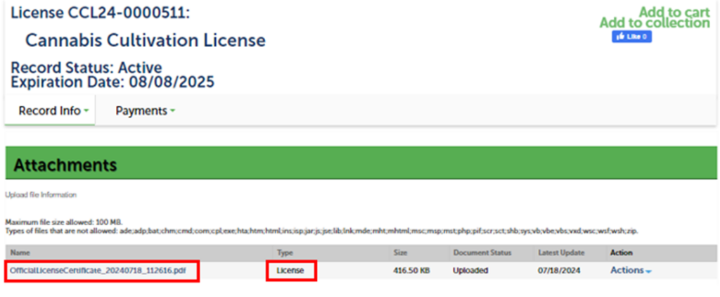 View of attachments list