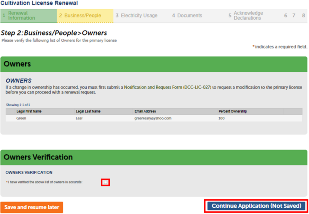 View of owner verification screen