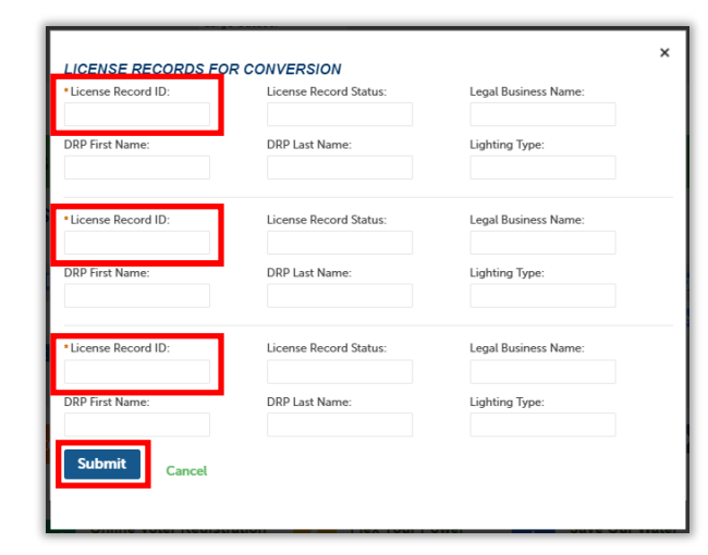 License records for conversion form with multiple license record ID fields and ‘Submit’ button highlighted.