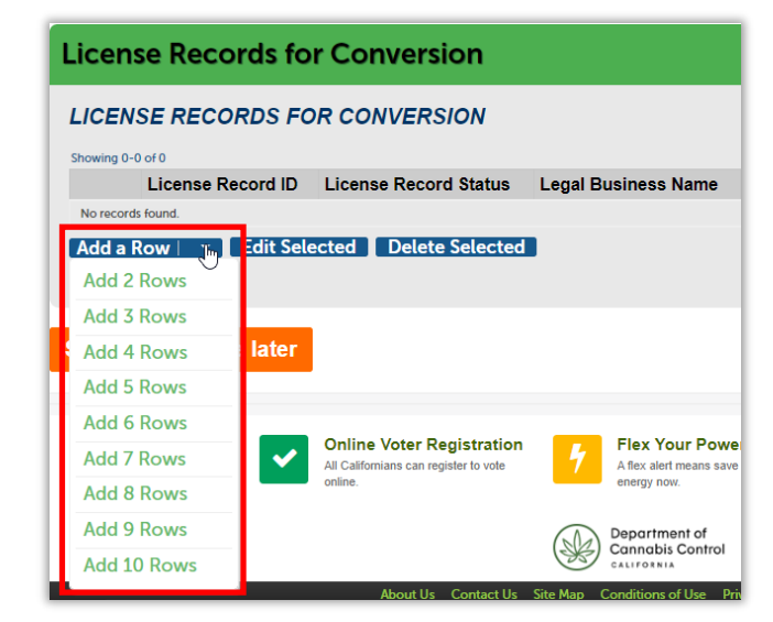 License records for conversion section with ‘Add a Row’ dropdown expanded showing options to add multiple rows.