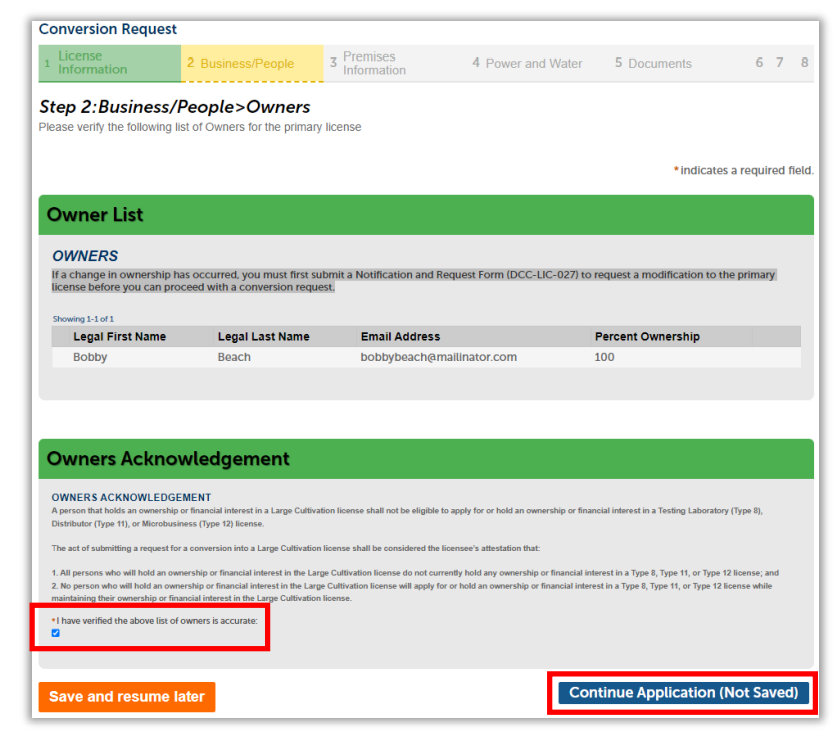 Owners page showing owner list, acknowledgment checkbox, and ‘Continue Application (Not Saved)’ button highlighted.