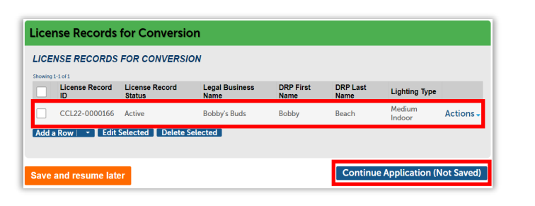 License records for conversion table showing one active record and ‘Continue Application (Not Saved)’ button highlighted.