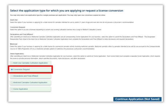 Application page with ‘Continue Application (Not Saved)’ button visible at the bottom.