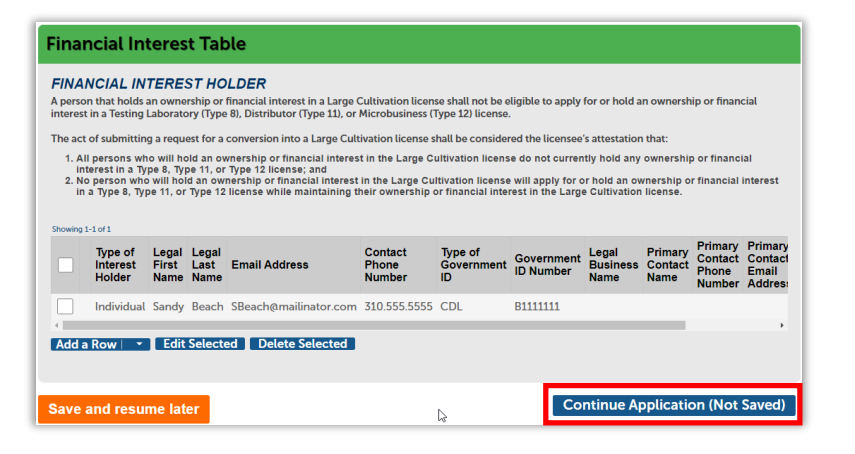 Financial interest holder table with fields for individual details and Continue Application button highlighted.