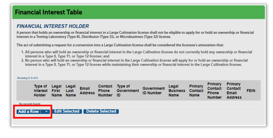 Financial interest table with no records listed and ‘Add a Row’ button highlighted.