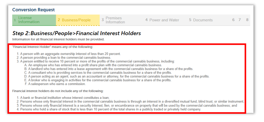Section listing ownership criteria for a commercial cannabis business, with examples of qualifying ownership interests.