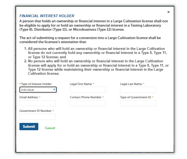 Financial interest holder table with fields for individual details and ‘Submit’ button.