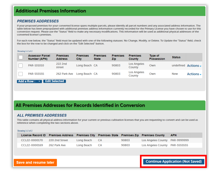 Additional premises information table. Includes all premises addresses with "continue application" highlighted