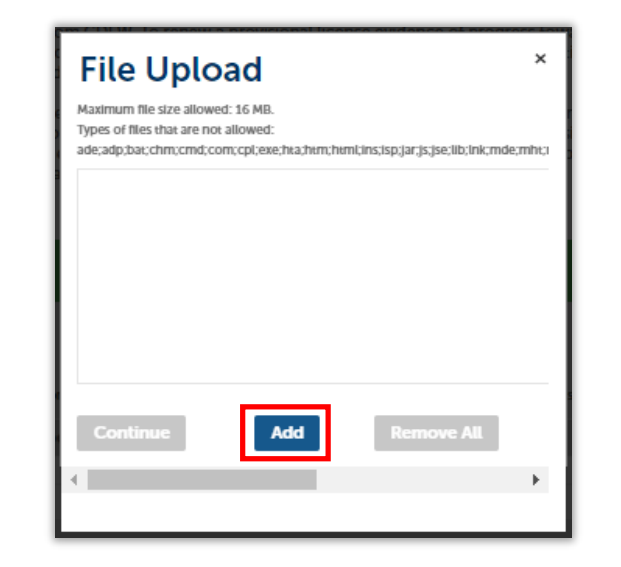 File upload page with max size 16mb and not allowed file types. Add button highlighted.