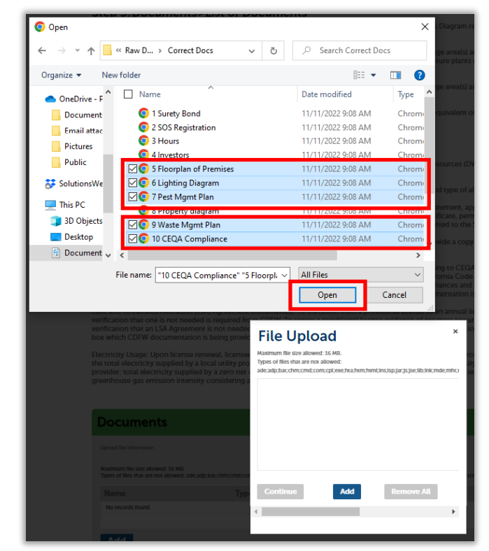 File explorer window showing multiple documents selected and highlighted. Open button is highlighted.