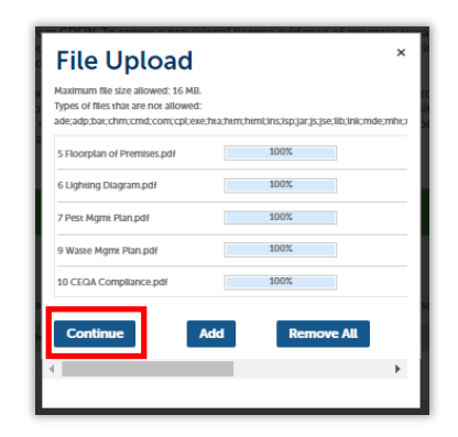 File upload page showing all uploads at 100 percent and Continue button is highlighted.