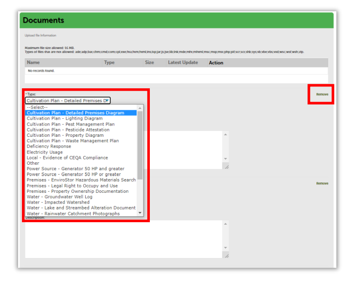 Documents page with Type: dropdown selected highlighting a document type. Remove button highlighted.