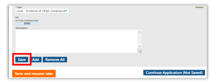 Document information page with showing document type at 100 percent upload and save button highlighted.