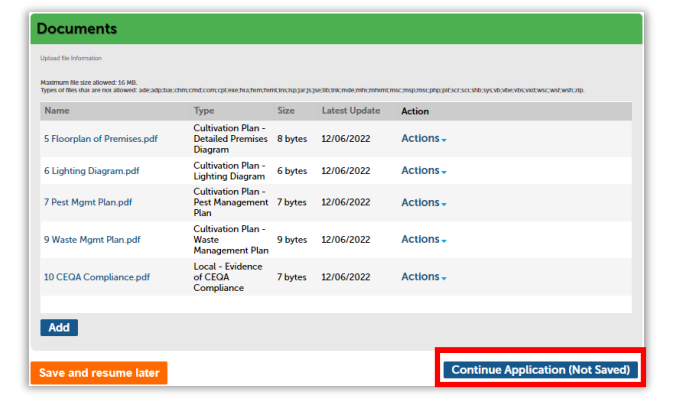 Documents page with multiple documents uploaded. Continue application highlighted.