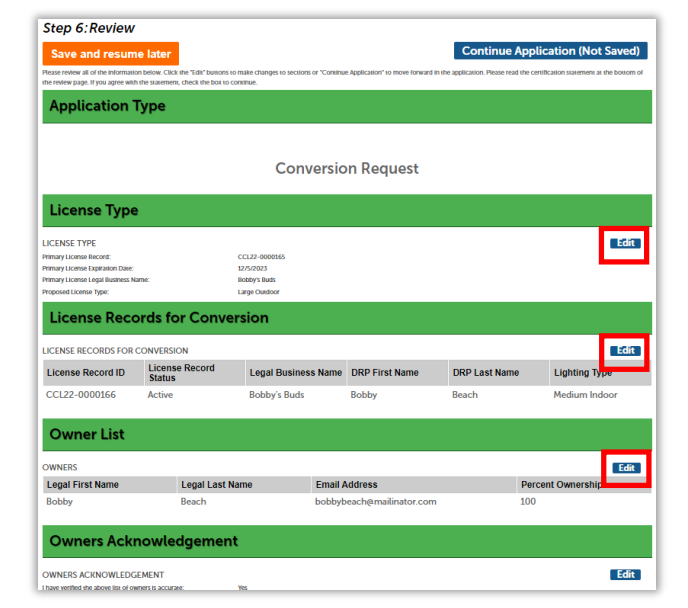 Review page showing conversion details with an edit button on each row highlighted.