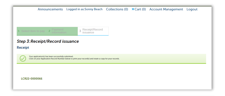 Receipt page showing green checkmark confirming the request has been submitted.