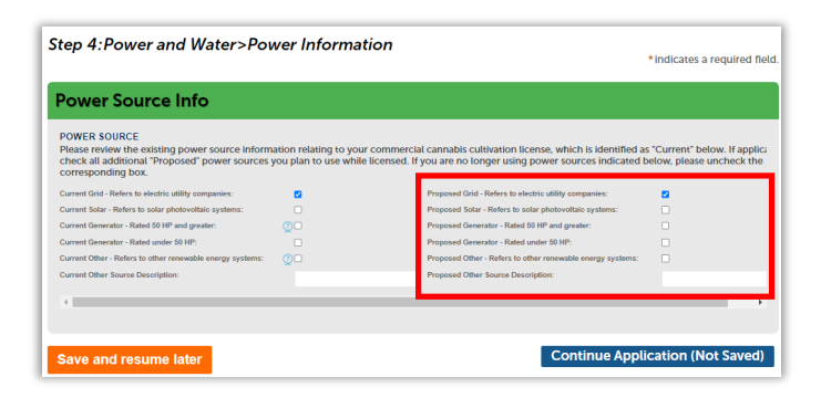 Power Source info page with current information, and proposed information highlighted.