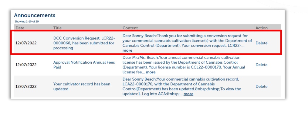 Announcements page highlighting confirmation of the conversion request submission.