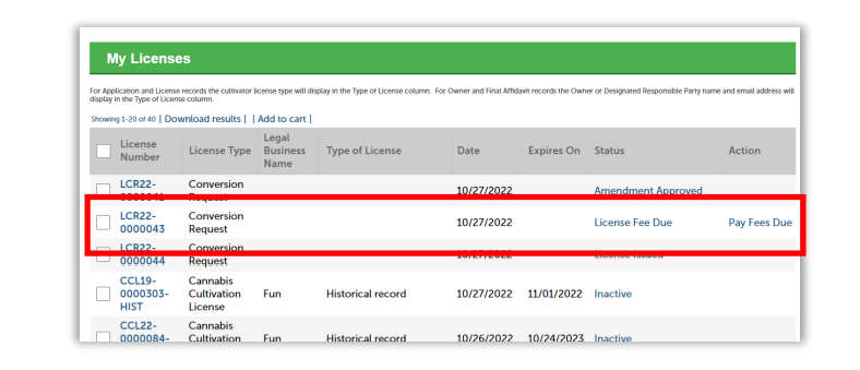 My Licenses page showing conversion request with new status of Licenses Fee Due and Action field with Pay fees due.