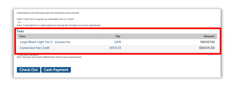 Fee details page highlighting new license fee and conversion fee credit.