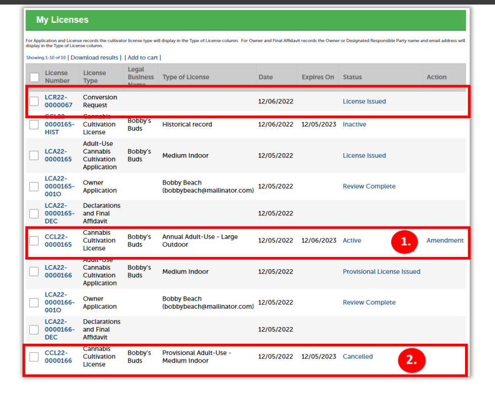 My licenses page with conversion request status license issued, primary license as active, and the additional license cancelled.