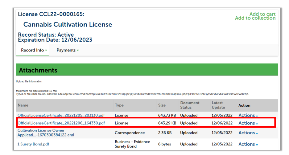 Attachments page with official license certificate row highlighted.