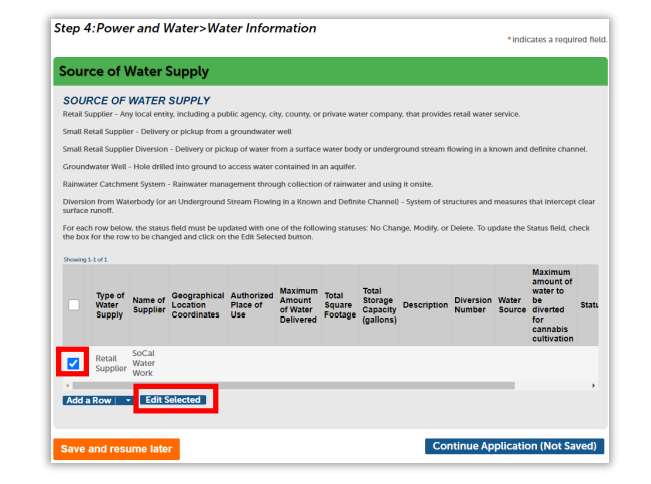 Source of water supply page showing details with a selection box checked and edit selected highlighted.