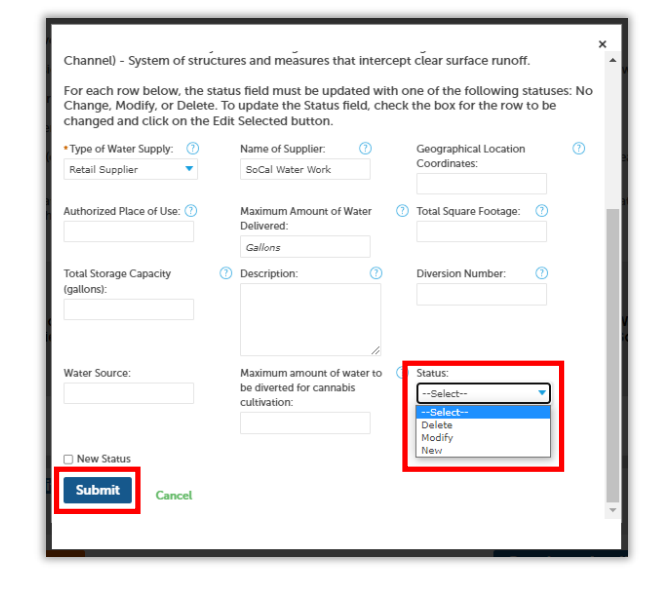 Details page for water source. Has status dropdown showing delete, modify, and new. Submit button highlighted.