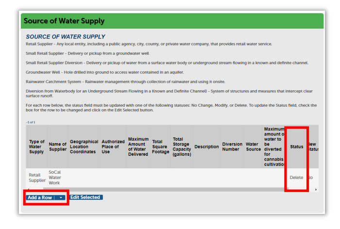 Source of water supply page showing status as Delete and Add a Row highlighted.