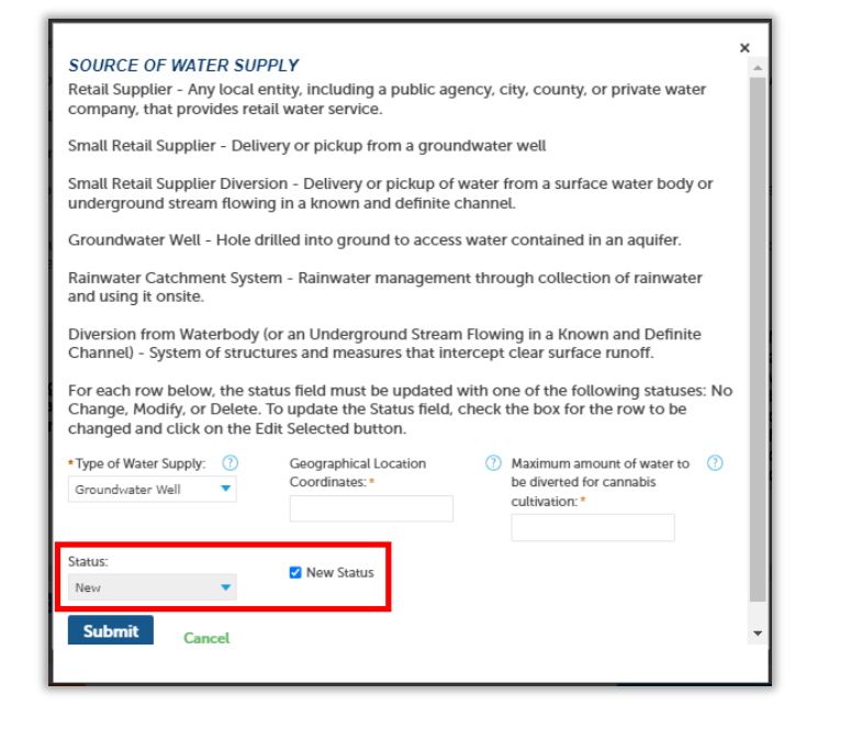 Details page for water source. Has status marked as new with a check next to new status.