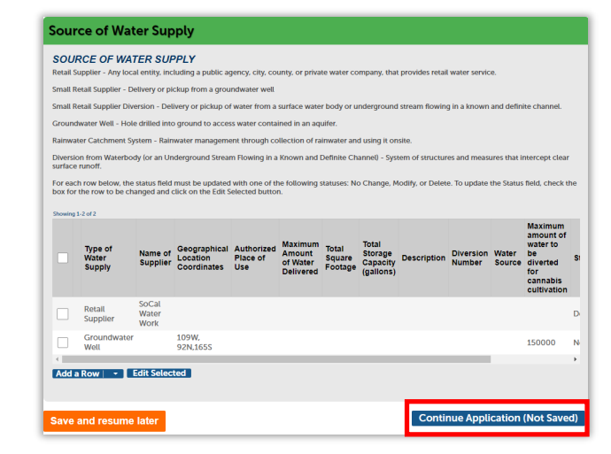 Source of water supply page showing new details and Continue Application highlighted.