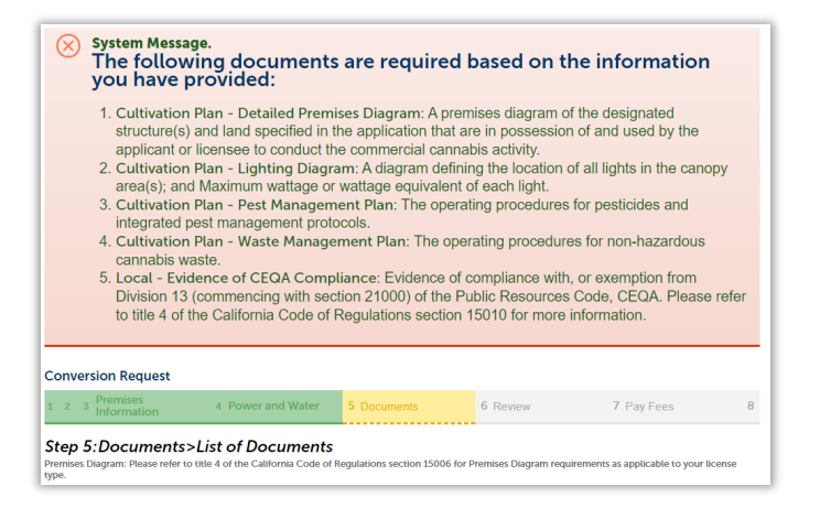 Step 5, documents page displaying a system message outlining required documents.