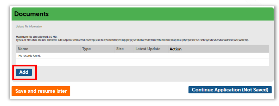 Documents section showing No records found with an Add button highlighted.