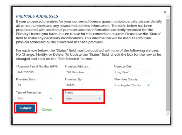 Premises Addresses page with submit highlighted and status box highlighted with New selected.
