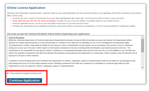 Online license application page with terms acceptance checkbox and ‘Continue Application’ button highlighted.
