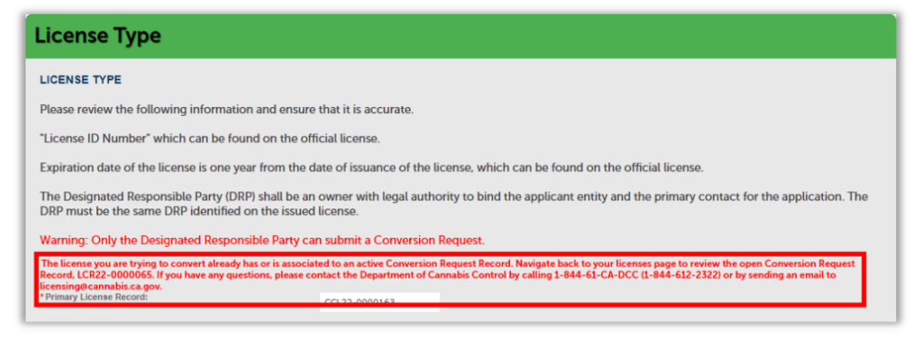 License type section with warning message stating the license is already associated with an active conversion request record.