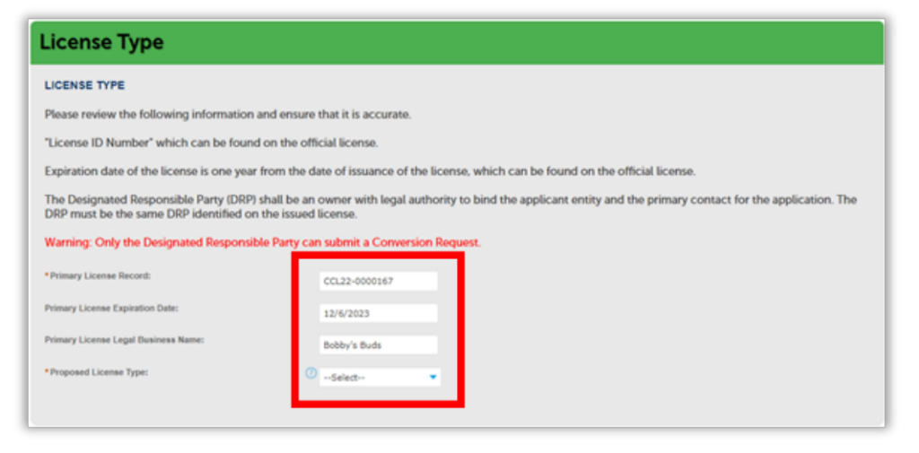 License type section showing primary license details and proposed license type dropdown.