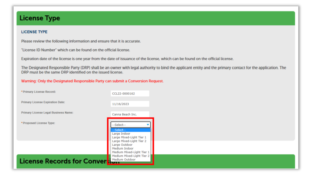 License type section with proposed license type dropdown expanded showing multiple license options.