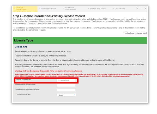 License information page showing primary license record section with license ID highlighted.