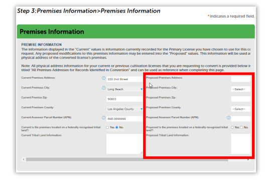 Premises information page showing premises address. Proposed address section highlighted.
